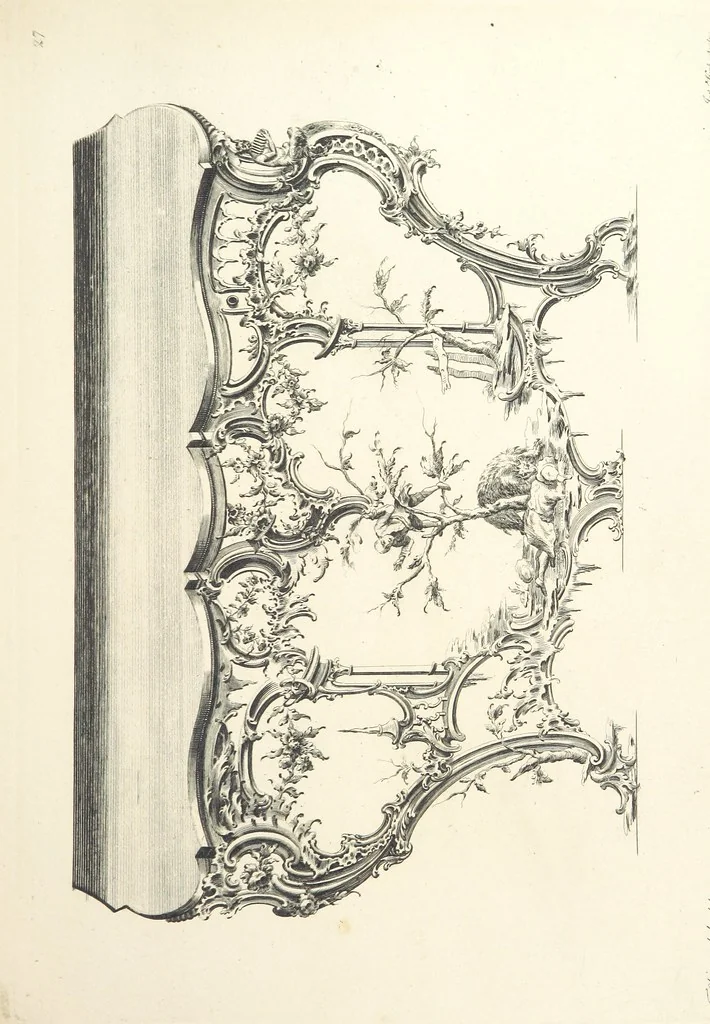 An illustration from Old English and French ornaments; comprising 244 Designs ... by Chippendale, I. Jones, Johnson, Lock, and Pether ... Collected and republished by J. W, 1858, leaf 71