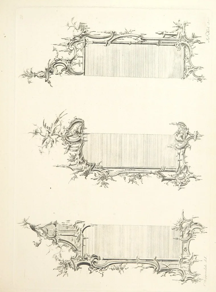 An illustration from Old English and French ornaments; comprising 244 Designs ... by Chippendale, I. Jones, Johnson, Lock, and Pether ... Collected and republished by J. W, 1858, leaf 73