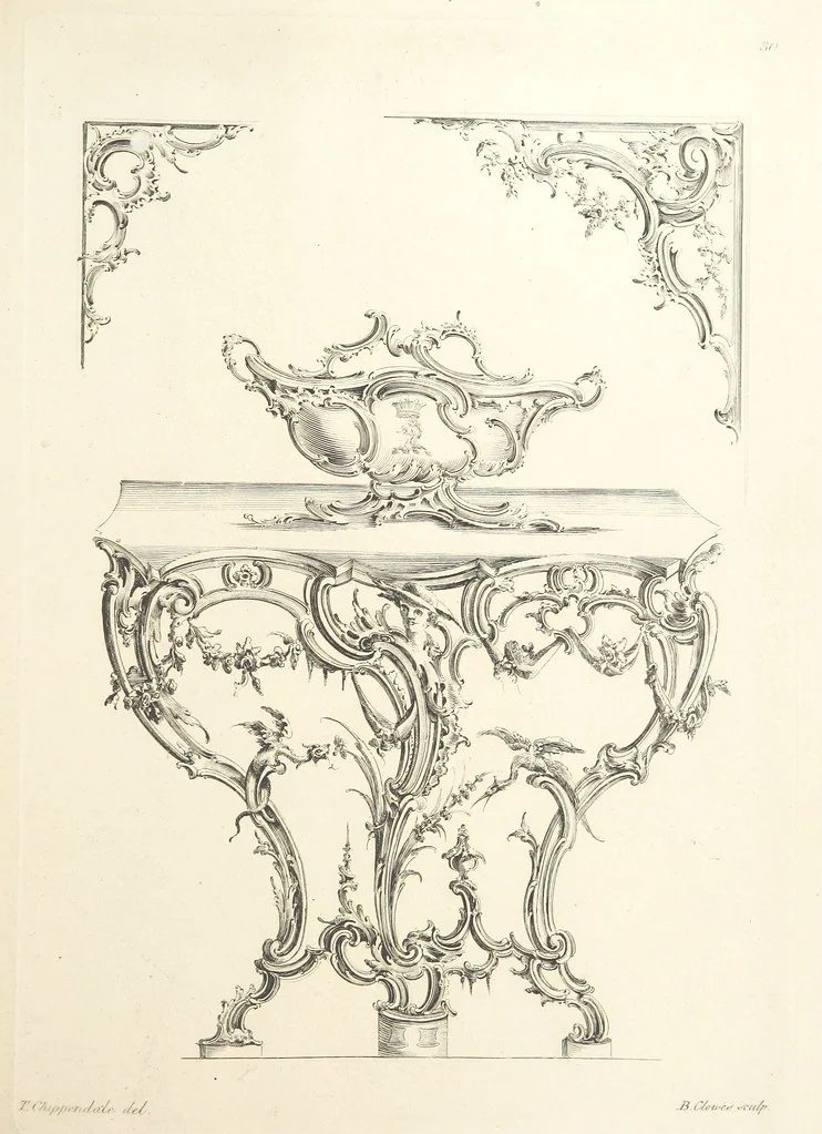 An illustration from Old English and French ornaments; comprising 244 Designs ... by Chippendale, I. Jones, Johnson, Lock, and Pether ... Collected and republished by J. W, 1858, leaf 77