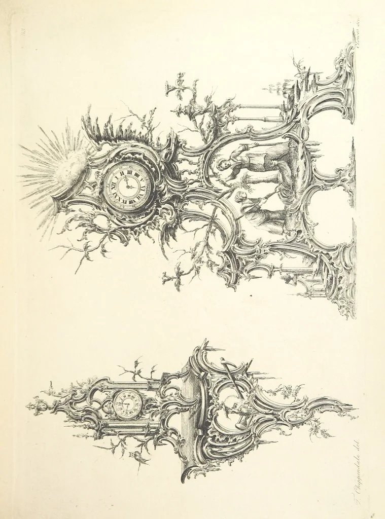An illustration from Old English and French ornaments; comprising 244 Designs ... by Chippendale, I. Jones, Johnson, Lock, and Pether ... Collected and republished by J. W, 1858, leaf 83