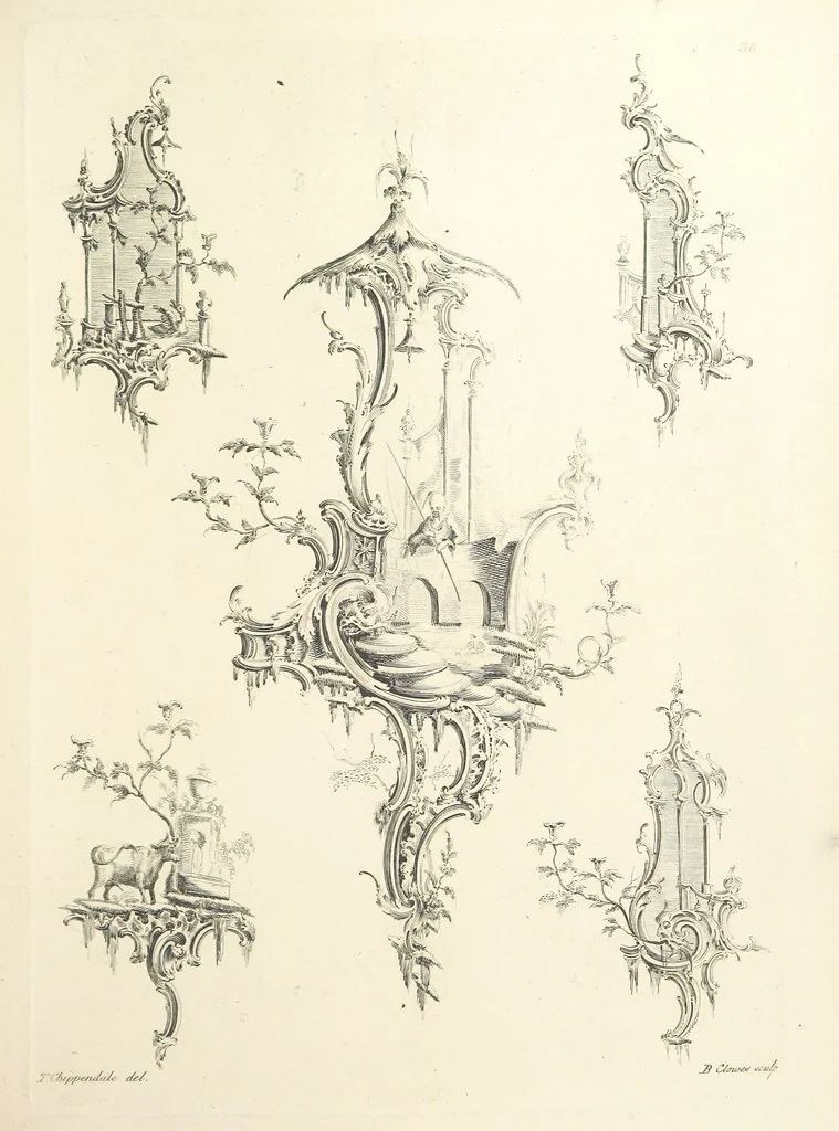An illustration from Old English and French ornaments; comprising 244 Designs ... by Chippendale, I. Jones, Johnson, Lock, and Pether ... Collected and republished by J. W, 1858, leaf 93