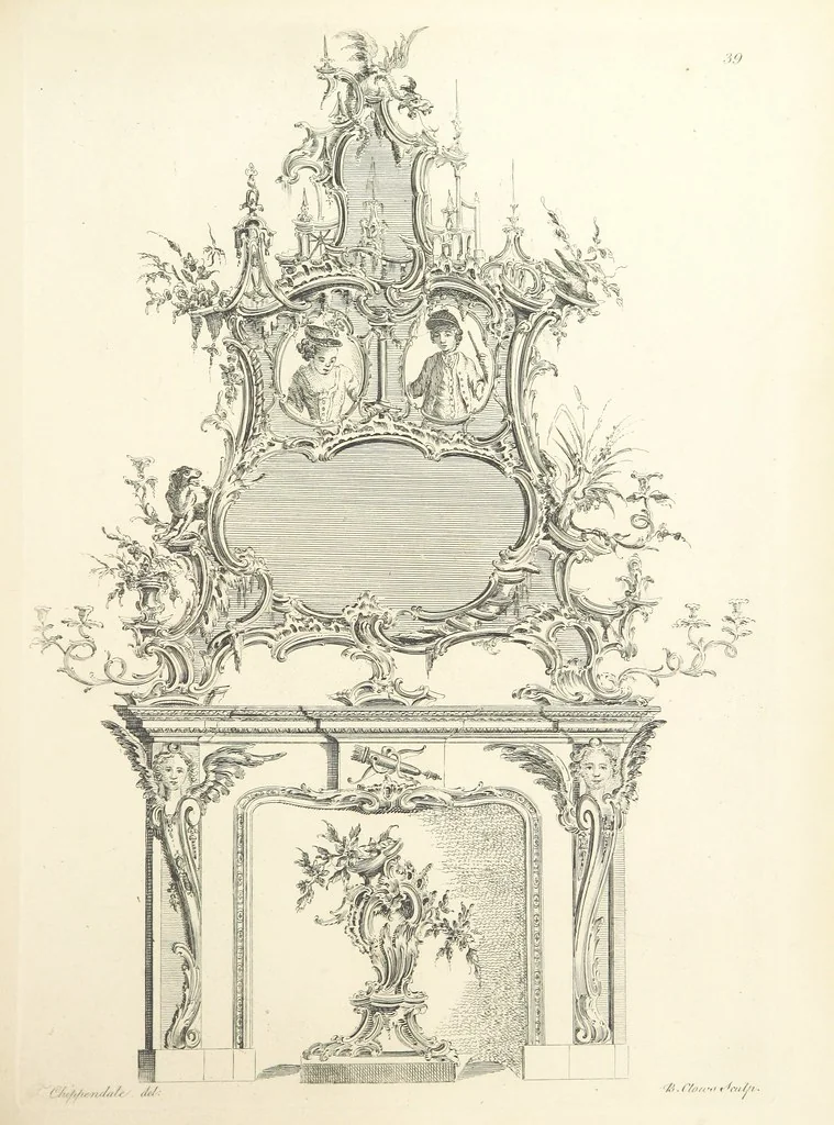 An illustration from Old English and French ornaments; comprising 244 Designs ... by Chippendale, I. Jones, Johnson, Lock, and Pether ... Collected and republished by J. W, 1858, leaf 95