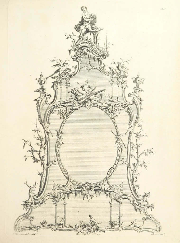 An illustration from Old English and French ornaments; comprising 244 Designs ... by Chippendale, I. Jones, Johnson, Lock, and Pether ... Collected and republished by J. W, 1858, leaf 97