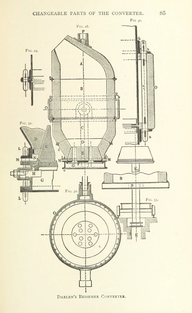 An illustration from Wedding's Basic Bessemer Process. Translated [from the supplement to the author's Darstellung des schmiedbaren Eisens” entitled, “Basische Bessemer oder Thomas Process”] ... by W. B. Phillips ... and E. Prochaska ... With a supplementary chapter on dephosphorization in the basic open-hearth furnace, by E. Prochaska, 1891, leaf 105