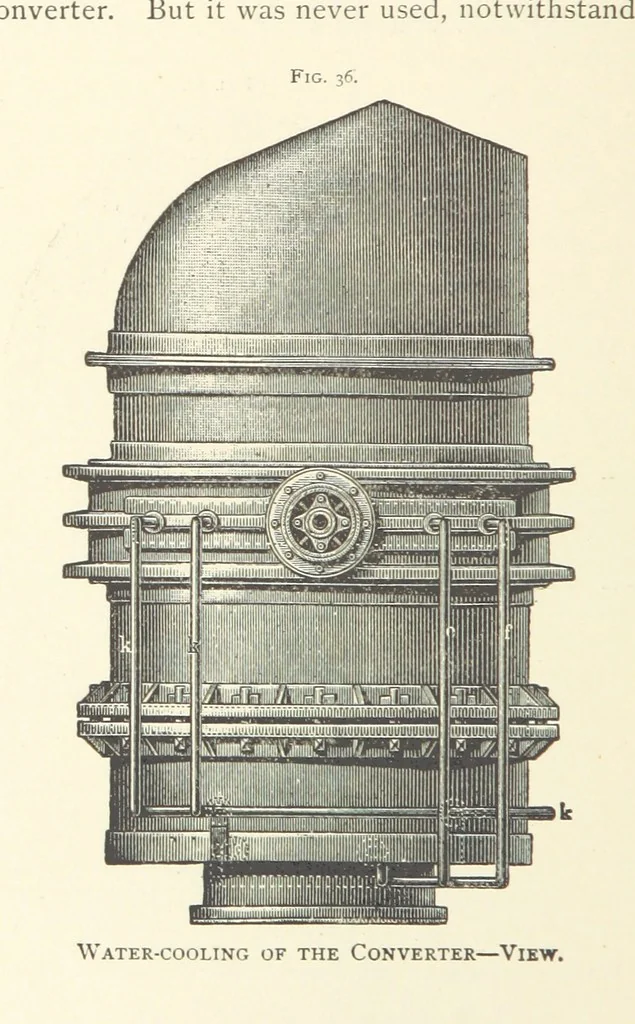 An illustration from Wedding's Basic Bessemer Process. Translated [from the supplement to the author's Darstellung des schmiedbaren Eisens” entitled, “Basische Bessemer oder Thomas Process”] ... by W. B. Phillips ... and E. Prochaska ... With a supplementary chapter on dephosphorization in the basic open-hearth furnace, by E. Prochaska, 1891, leaf 108