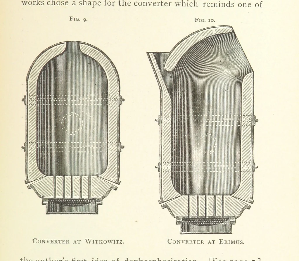 An illustration from Wedding's Basic Bessemer Process. Translated [from the supplement to the author's Darstellung des schmiedbaren Eisens” entitled, “Basische Bessemer oder Thomas Process”] ... by W. B. Phillips ... and E. Prochaska ... With a supplementary chapter on dephosphorization in the basic open-hearth furnace, by E. Prochaska, 1891, leaf 91