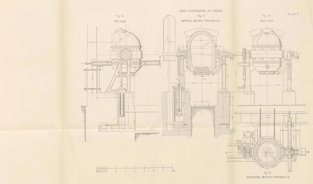 An illustration from Wedding's Basic Bessemer Process. Translated [from the supplement to the author's Darstellung des schmiedbaren Eisens” entitled, “Basische Bessemer oder Thomas Process”] ... by W. B. Phillips ... and E. Prochaska ... With a supplementary chapter on dephosphorization in the basic open-hearth furnace, by E. Prochaska, 1891, leaf 97