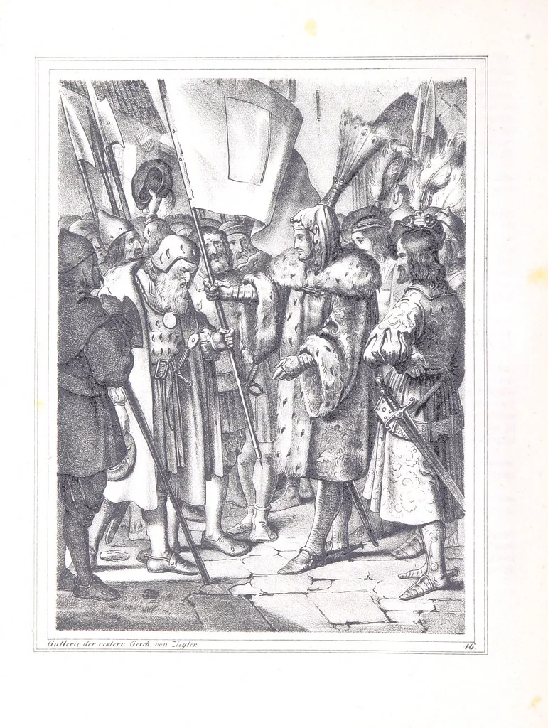 An illustration from Gallerie aus der Österreichischen Vaterlandsgeschichte in bildlicher Darstellung, etc, 1837, leaf 104