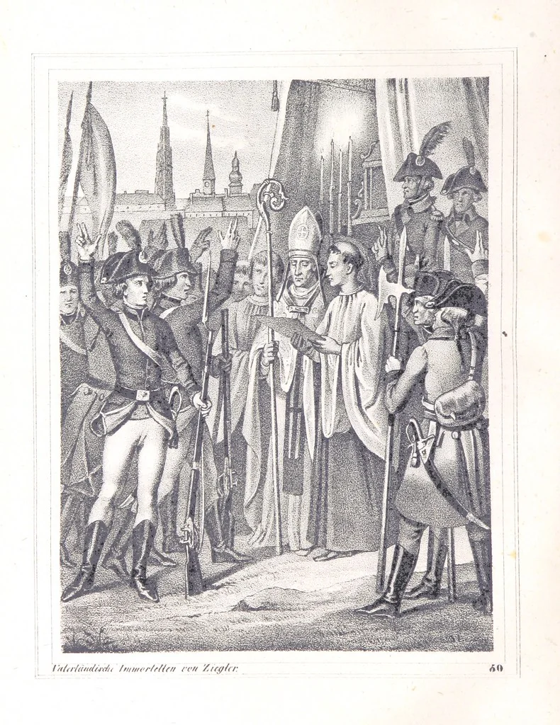 An illustration from Vaterländische Immortellen aus dem Gebiete der österreichischen Geschichte der alten, mittleren, neuern und neuesten Zeit gesammelt und mit einer ... Bilderschau der merkwürdigsten Handlungen ausgezeichneter Personen ... ausgestattet, 1840, leaf 138