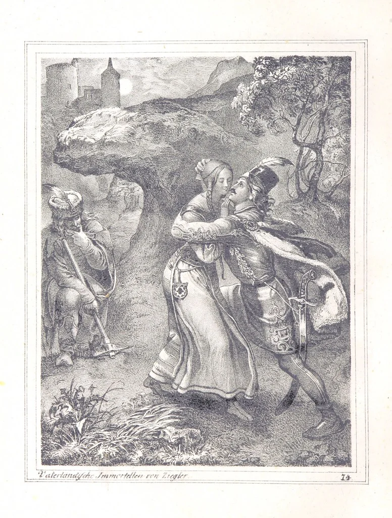 An illustration from Vaterländische Immortellen aus dem Gebiete der österreichischen Geschichte der alten, mittleren, neuern und neuesten Zeit gesammelt und mit einer ... Bilderschau der merkwürdigsten Handlungen ausgezeichneter Personen ... ausgestattet, 1840, leaf 216