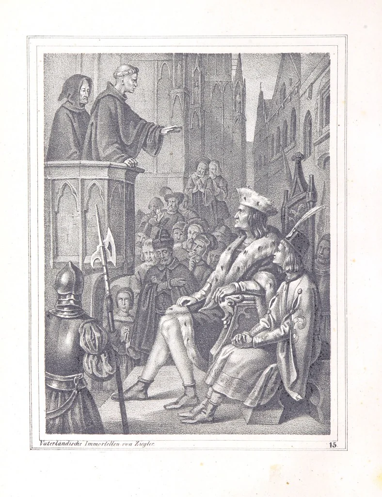An illustration from Vaterländische Immortellen aus dem Gebiete der österreichischen Geschichte der alten, mittleren, neuern und neuesten Zeit gesammelt und mit einer ... Bilderschau der merkwürdigsten Handlungen ausgezeichneter Personen ... ausgestattet, 1840, leaf 54