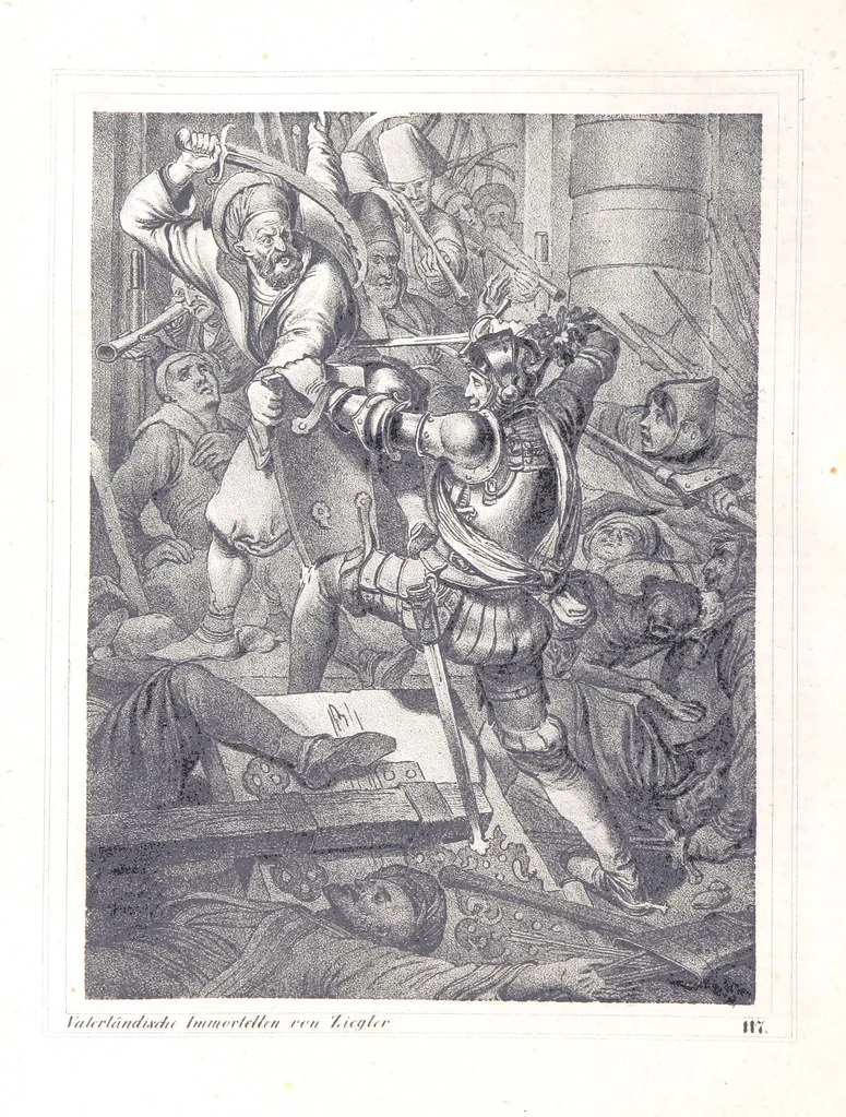 An illustration from Vaterländische Immortellen aus dem Gebiete der österreichischen Geschichte der alten, mittleren, neuern und neuesten Zeit gesammelt und mit einer ... Bilderschau der merkwürdigsten Handlungen ausgezeichneter Personen ... ausgestattet, 1840, leaf 76
