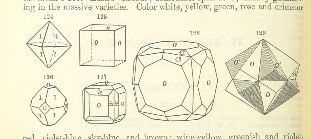 An illustration from A System of Mineralogy ... Fifth edition, rewritten and enlarged ... With three appendixes and corrections. (Appendix I., 1868-1872, by G. J. Brush. Appendix II., 1872-1875, and Appendix III., 1875-1882, by E. S. Dana.), 1883, leaf 180