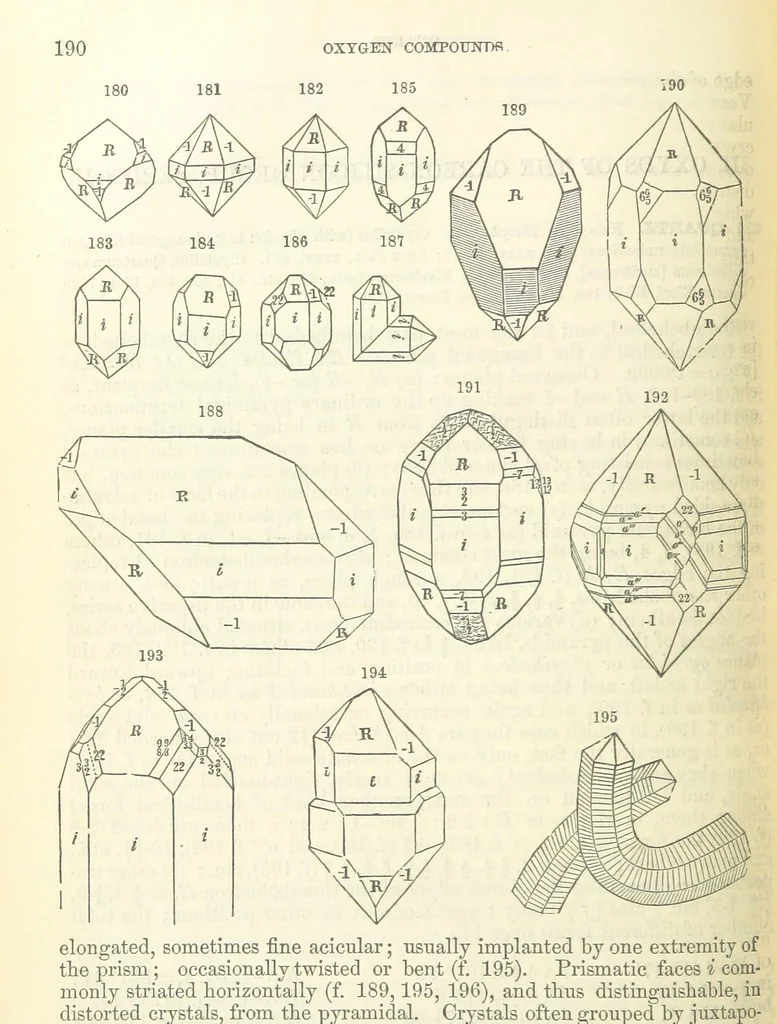 An illustration from A System of Mineralogy ... Fifth edition, rewritten and enlarged ... With three appendixes and corrections. (Appendix I., 1868-1872, by G. J. Brush. Appendix II., 1872-1875, and Appendix III., 1875-1882, by E. S. Dana.), 1883, leaf 246