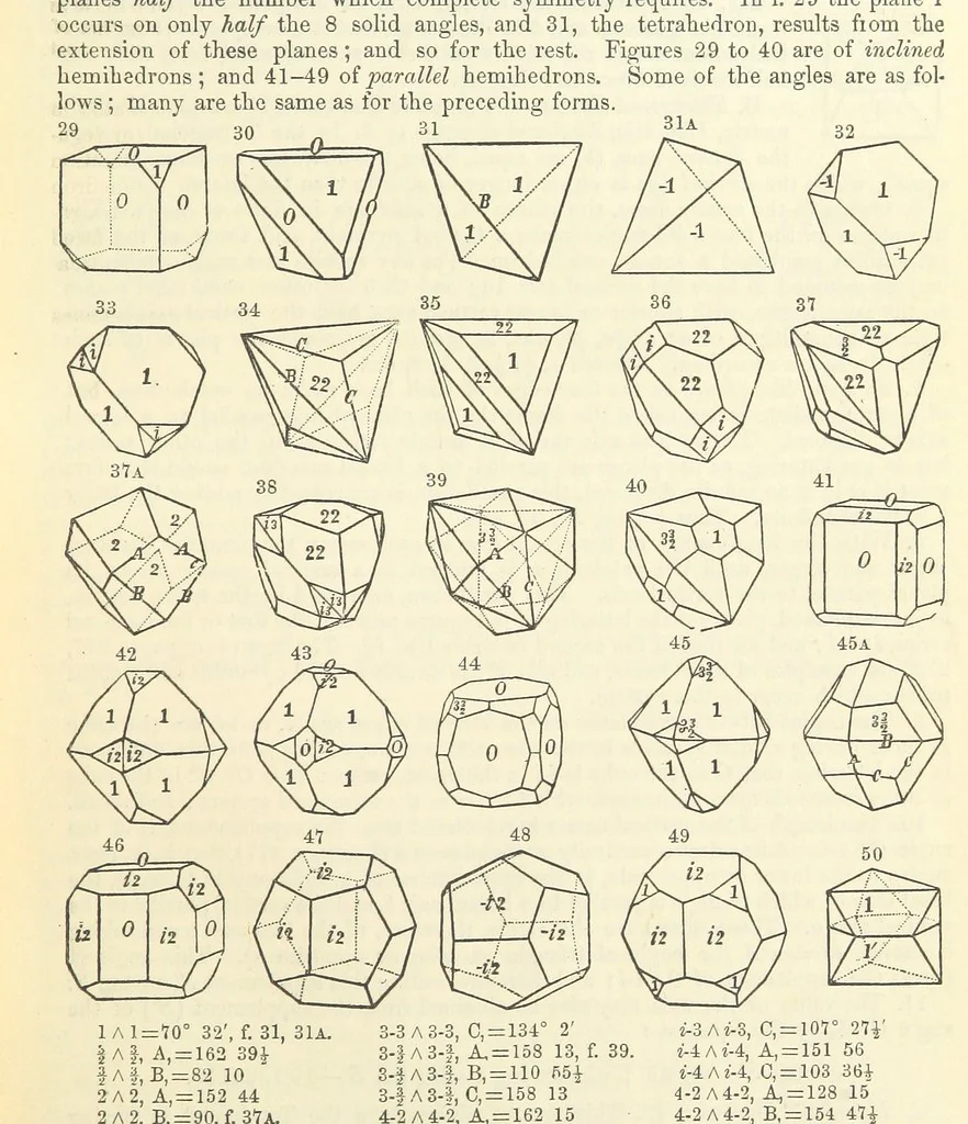 An illustration from A System of Mineralogy ... Fifth edition, rewritten and enlarged ... With three appendixes and corrections. (Appendix I., 1868-1872, by G. J. Brush. Appendix II., 1872-1875, and Appendix III., 1875-1882, by E. S. Dana.), 1883, leaf 31