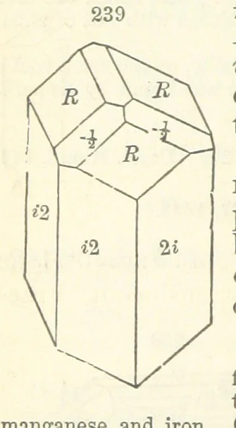 An illustration from A System of Mineralogy ... Fifth edition, rewritten and enlarged ... With three appendixes and corrections. (Appendix I., 1868-1872, by G. J. Brush. Appendix II., 1872-1875, and Appendix III., 1875-1882, by E. S. Dana.), 1883, leaf 318