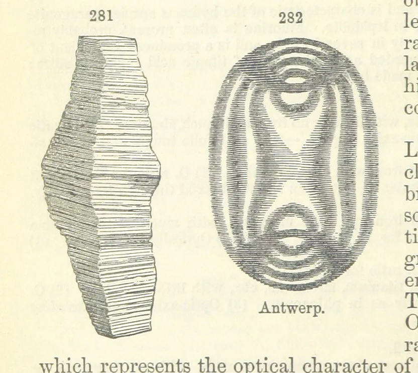 An illustration from A System of Mineralogy ... Fifth edition, rewritten and enlarged ... With three appendixes and corrections. (Appendix I., 1868-1872, by G. J. Brush. Appendix II., 1872-1875, and Appendix III., 1875-1882, by E. S. Dana.), 1883, leaf 358