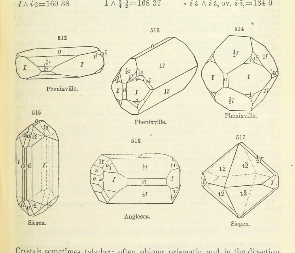 An illustration from A System of Mineralogy ... Fifth edition, rewritten and enlarged ... With three appendixes and corrections. (Appendix I., 1868-1872, by G. J. Brush. Appendix II., 1872-1875, and Appendix III., 1875-1882, by E. S. Dana.), 1883, leaf 679