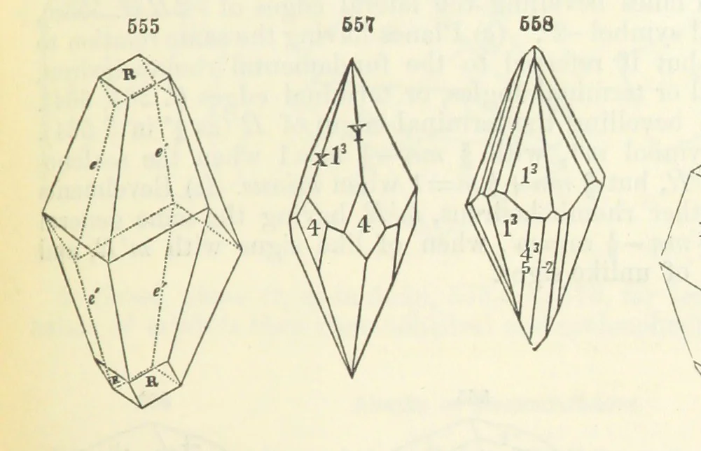 An illustration from A System of Mineralogy ... Fifth edition, rewritten and enlarged ... With three appendixes and corrections. (Appendix I., 1868-1872, by G. J. Brush. Appendix II., 1872-1875, and Appendix III., 1875-1882, by E. S. Dana.), 1883, leaf 727