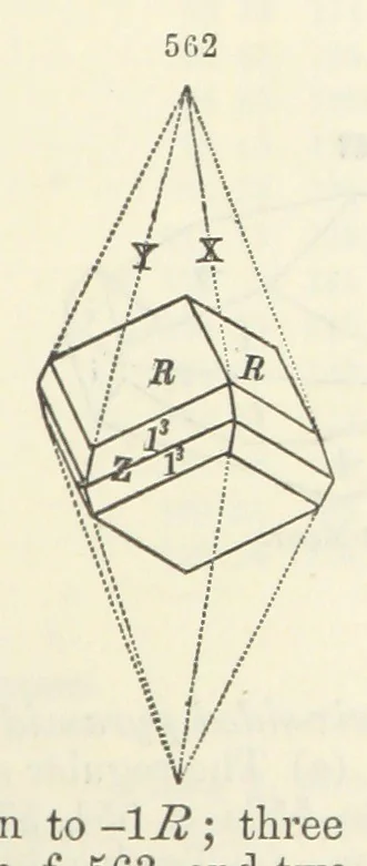 An illustration from A System of Mineralogy ... Fifth edition, rewritten and enlarged ... With three appendixes and corrections. (Appendix I., 1868-1872, by G. J. Brush. Appendix II., 1872-1875, and Appendix III., 1875-1882, by E. S. Dana.), 1883, leaf 727