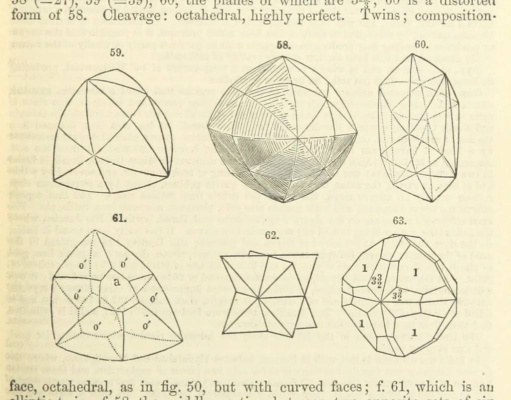 An illustration from A System of Mineralogy ... Fifth edition, rewritten and enlarged ... With three appendixes and corrections. (Appendix I., 1868-1872, by G. J. Brush. Appendix II., 1872-1875, and Appendix III., 1875-1882, by E. S. Dana.), 1883, leaf 77