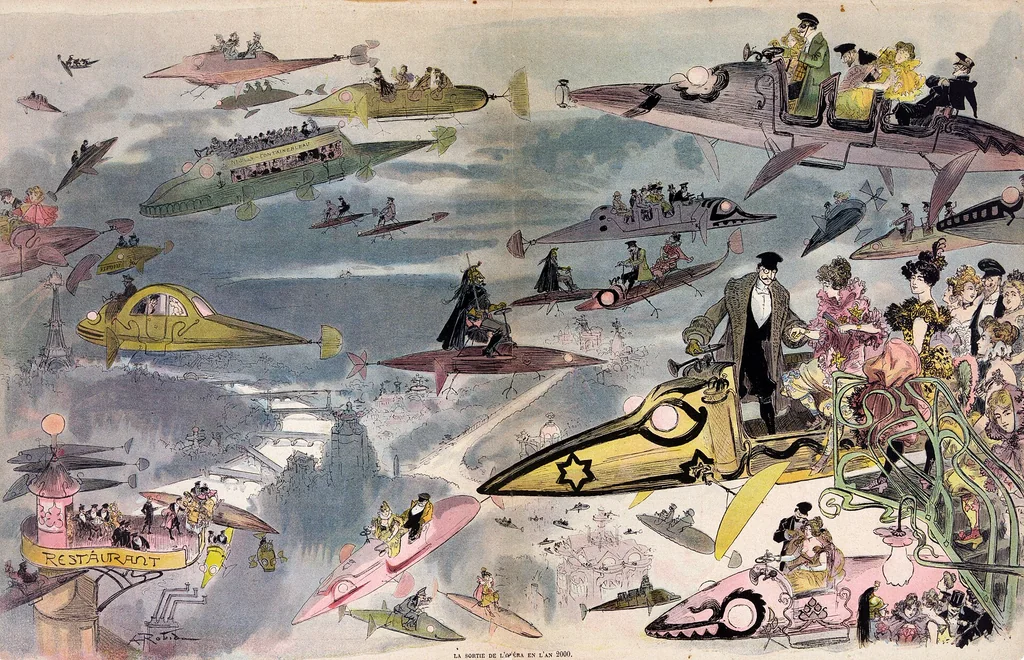 An illustration from A night at the opera in the year 2000, cartoon by Albert Robida, ca. 1882, 1882