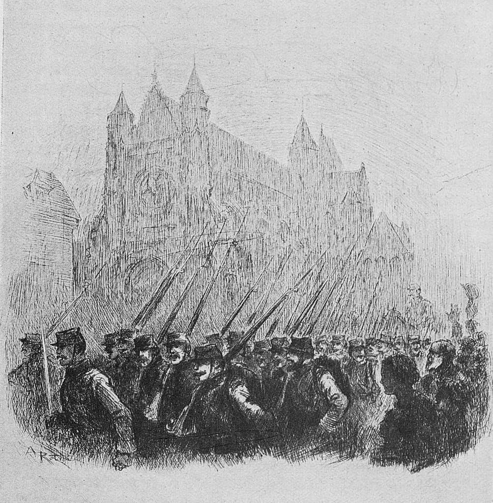 An illustration from Le 13e territorial quitte Compiègne, août 1914 (par Albert Robida), 1914