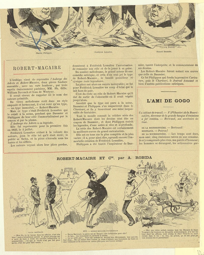 An illustration from Les métamorphoses de Robert-Macaire : Robert-Macaire à l'Ambigu : [estampe] / par Robida [sig.] ; Yves & Barret sc. [sig.], 1880