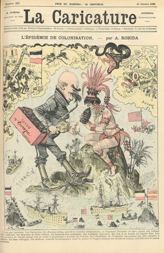 An illustration from L'épidémie de colonisation, 1885