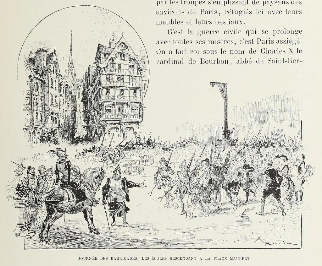 An illustration from Albert Robida - Journéé des Barricades (1588), 1895