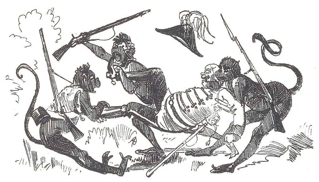 An illustration from Albert Robida - Voyages très extraordinaires de Saturnin Farandoul, 1879 page 106, 1879