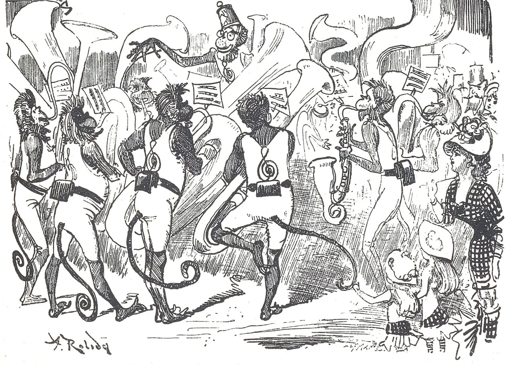 An illustration from Albert Robida - Voyages très extraordinaires de Saturnin Farandoul, 1879 page 140-1, 1879