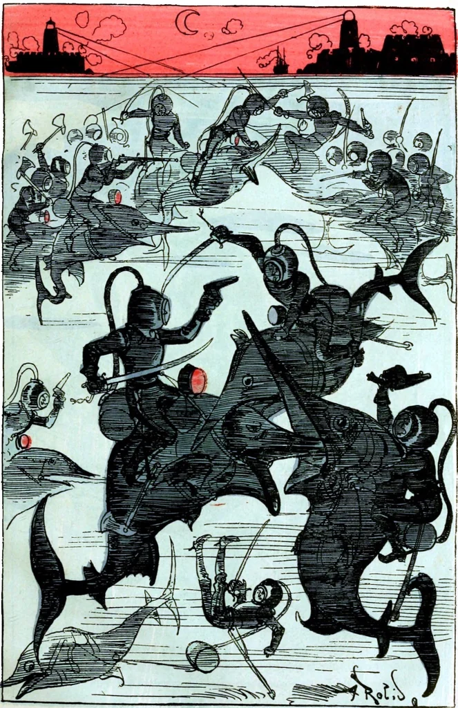 An illustration from Albert Robida - Voyages très extraordinaires de Saturnin Farandoul, 1879 page 288, 1879