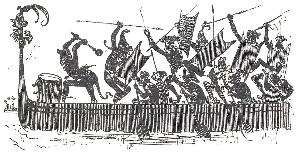 An illustration from Albert Robida - Voyages très extraordinaires de Saturnin Farandoul, 1879 page 334, 1879