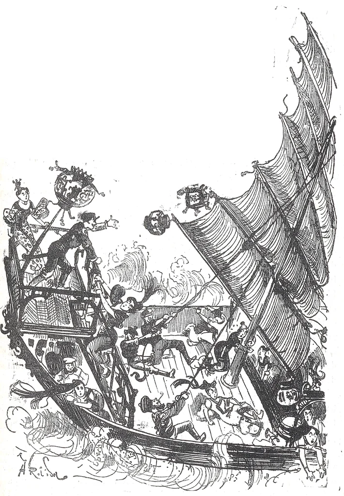 An illustration from Albert Robida - Voyages très extraordinaires de Saturnin Farandoul, 1879 page 584, 1879