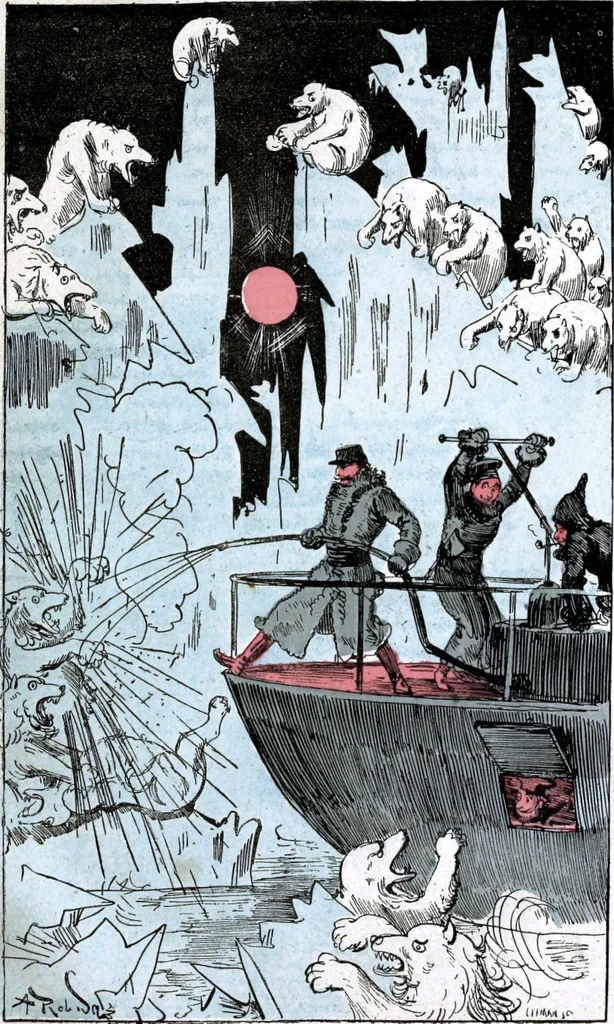 An illustration from Albert Robida - Voyages très extraordinaires de Saturnin Farandoul, 1879 page 704, 1879