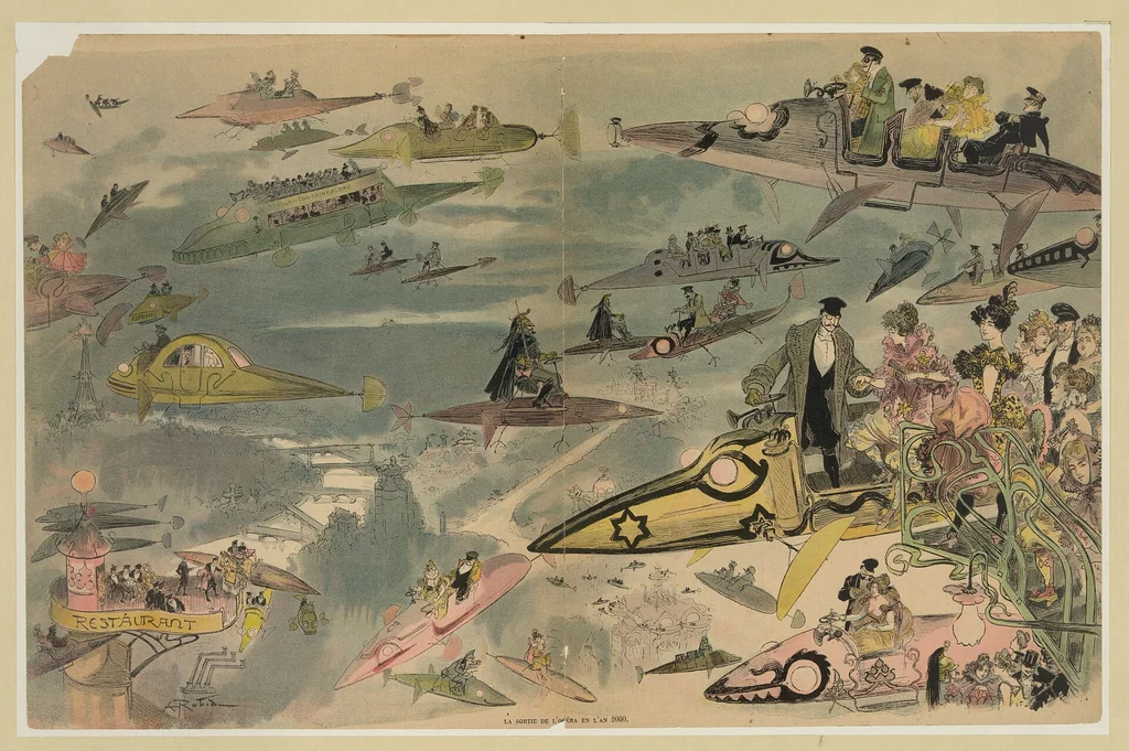 An illustration from Albert Robida - La Sortie de l'opéra en l'an 2000, 1882