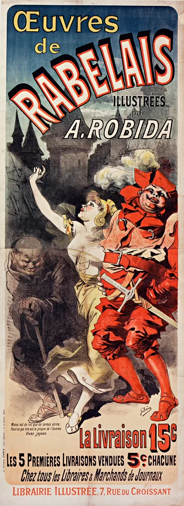 An illustration from Affiche pour les œuvres de Rabelais illustrées par Robida, 1885