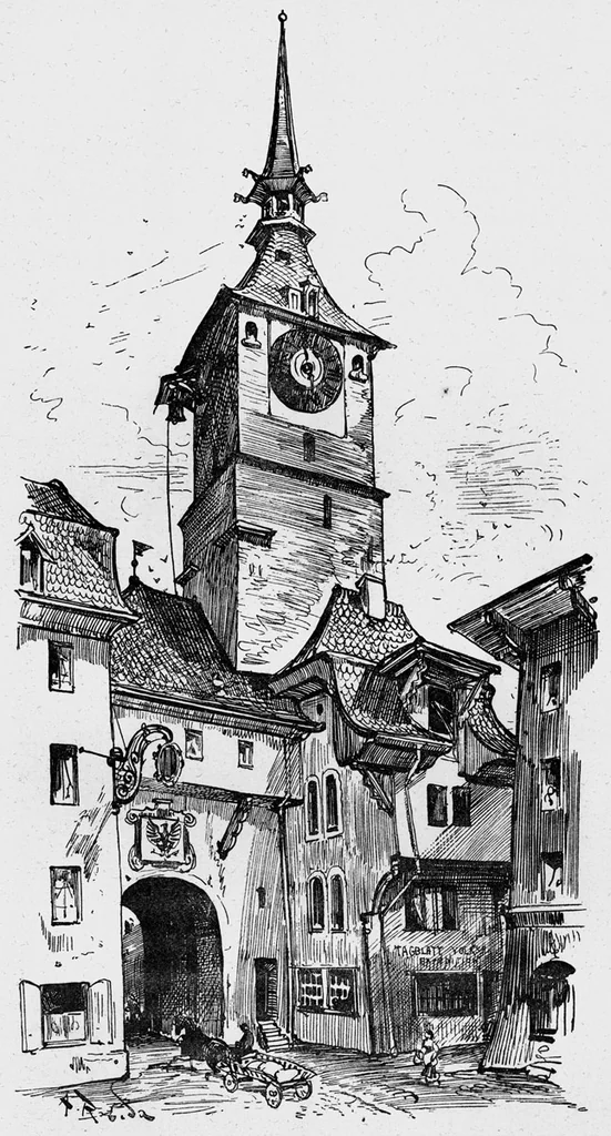An illustration from Robida Gate tower Switzerland, 1879