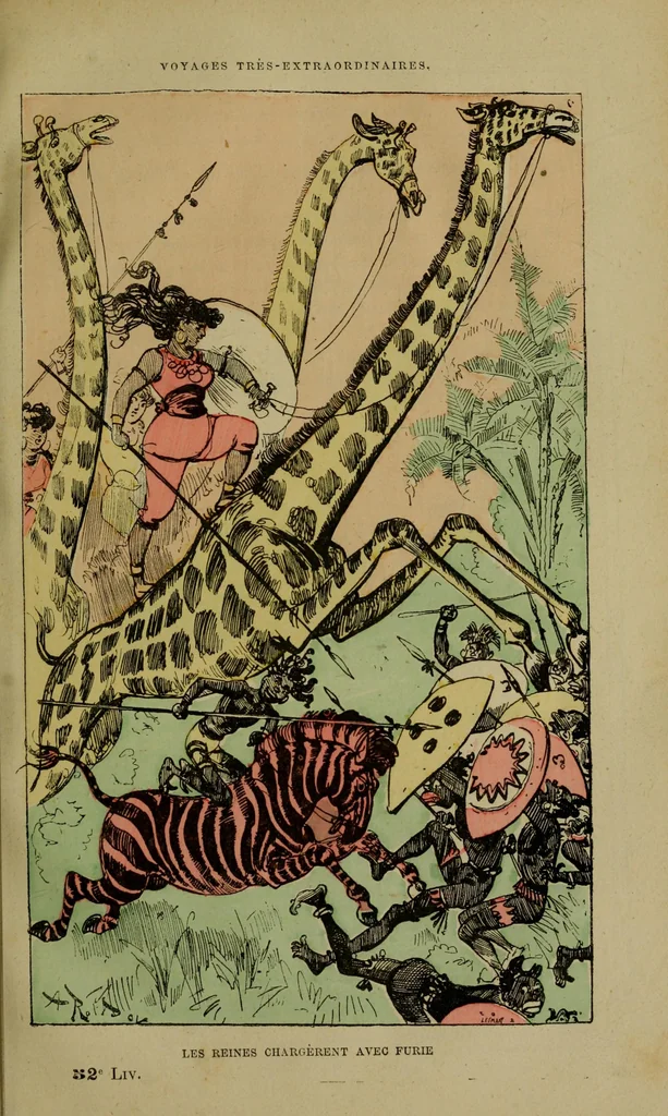 An illustration from Les reines chargèrent avec furie, 1879