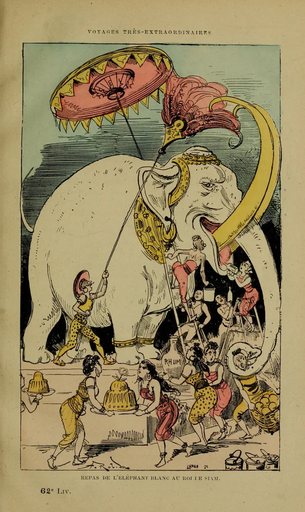 An illustration from Repas de l'éléphant blanc au roi de Siam, 1879
