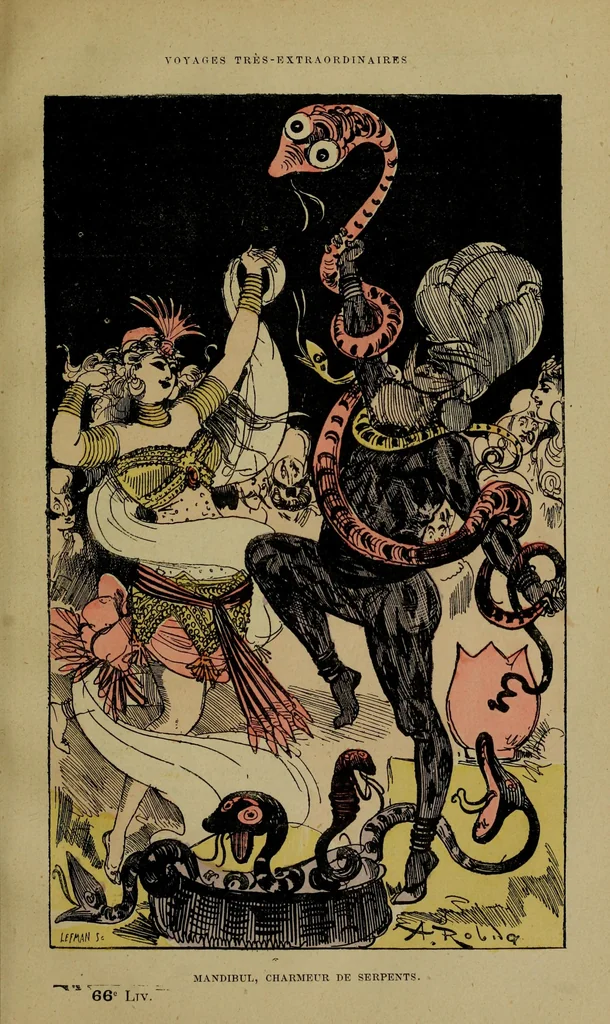 An illustration from Mandibul charmeur de serpents, 1879