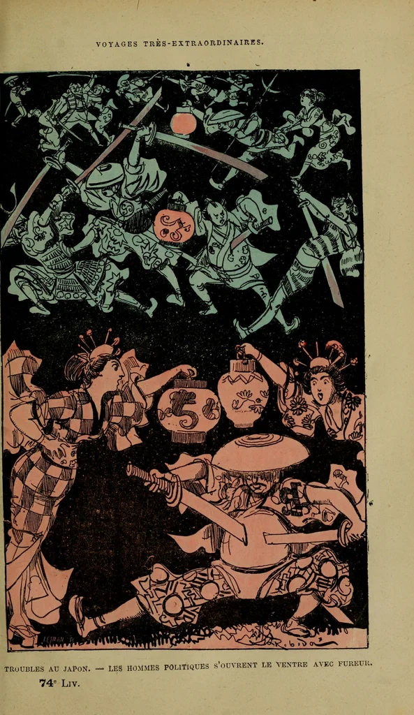 An illustration from Troubles au Japon - Les hommes politiques s'ouvrent le ventre avec fureur, 1879