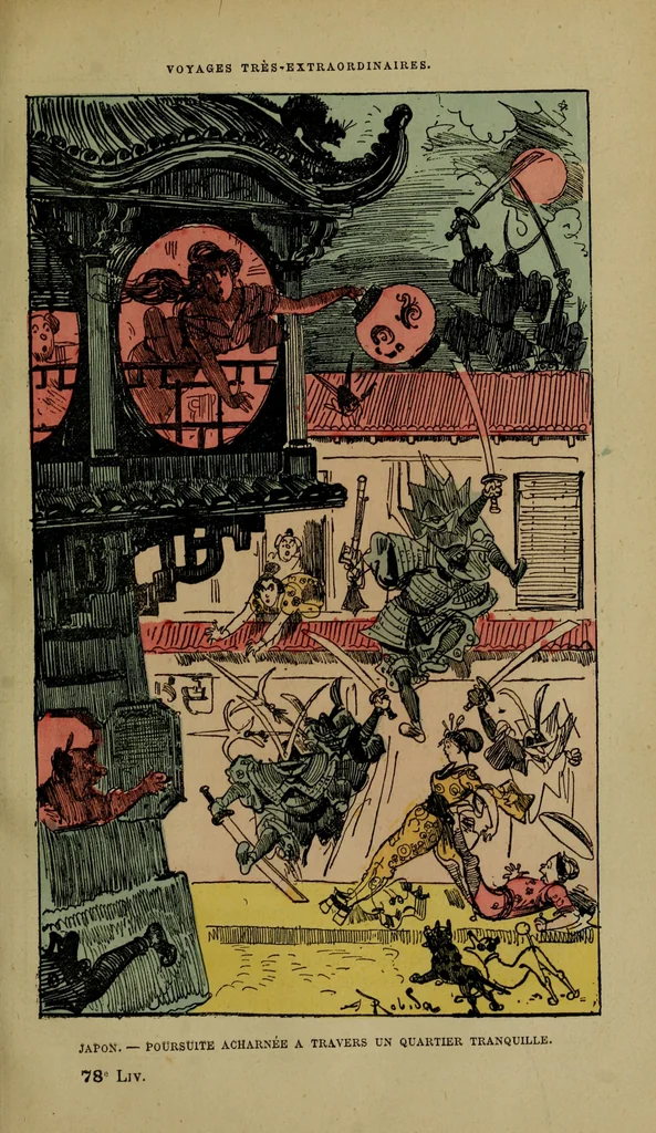 An illustration from Japon - Poursuite acharnées à travers un quartier tranquille, 1879