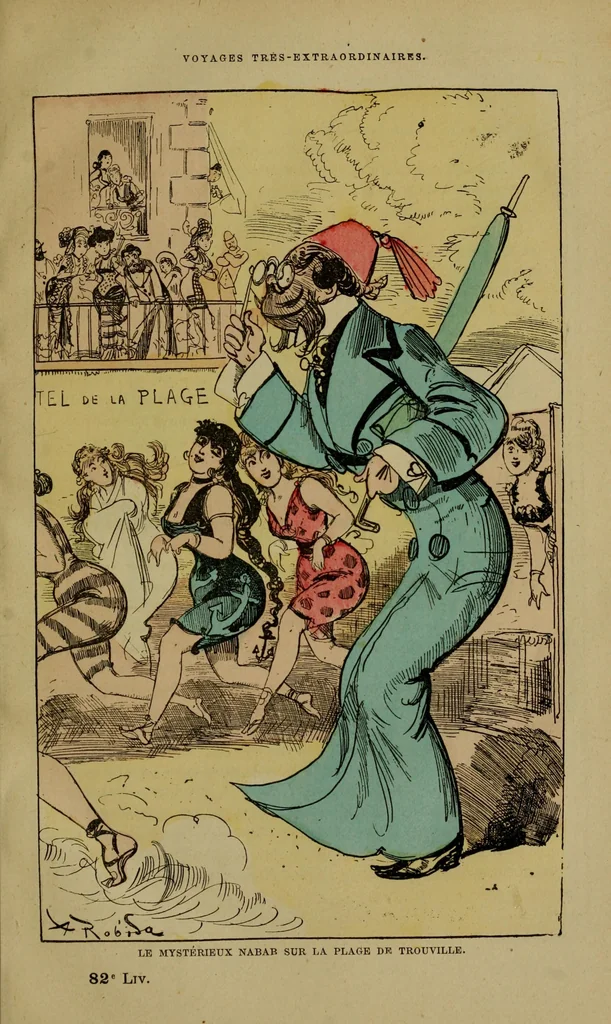 An illustration from Le mystérieux nabab sur la plage de Trouville, 1879