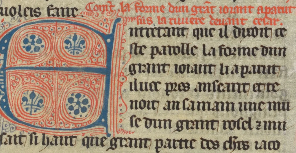 An illustration from Miscellany: Chronique dite de Baudouin d'Avesnes; Brunetto Latini: Livre du Trésor (excerpts); Enseignements moraux et religieux; Plainte de la Vierge; Table de la foi catholique; Pardons du pèlerinage à Rome, 1350, leaf 147