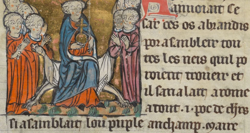 An illustration from Miscellany: Chronique dite de Baudouin d'Avesnes; Brunetto Latini: Livre du Trésor (excerpts); Enseignements moraux et religieux; Plainte de la Vierge; Table de la foi catholique; Pardons du pèlerinage à Rome, 1350, leaf 155
