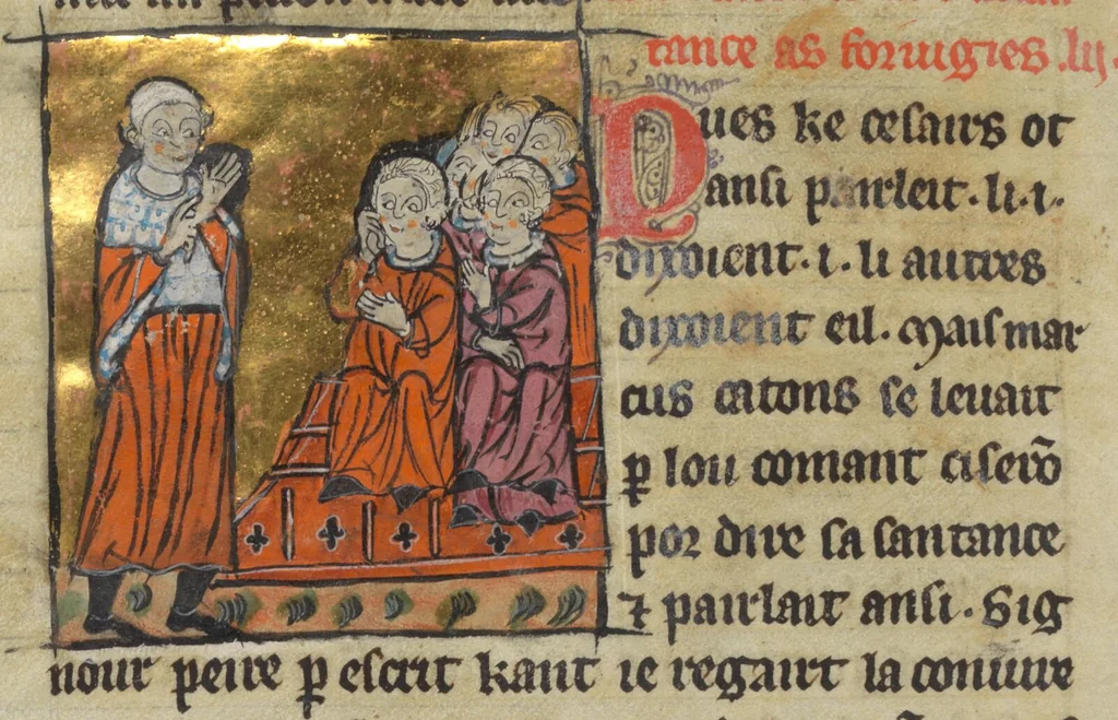 An illustration from Miscellany: Chronique dite de Baudouin d'Avesnes; Brunetto Latini: Livre du Trésor (excerpts); Enseignements moraux et religieux; Plainte de la Vierge; Table de la foi catholique; Pardons du pèlerinage à Rome, 1350, leaf 72