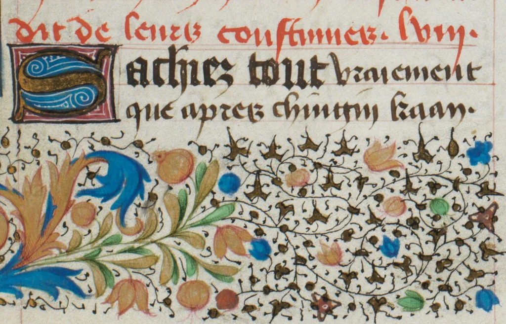 An illustration from Marco Polo: Devisement du monde; Jean de Mandeville: Voyages; Jean le Long d'Ypres: Récits de voyages, 1450, leaf 57