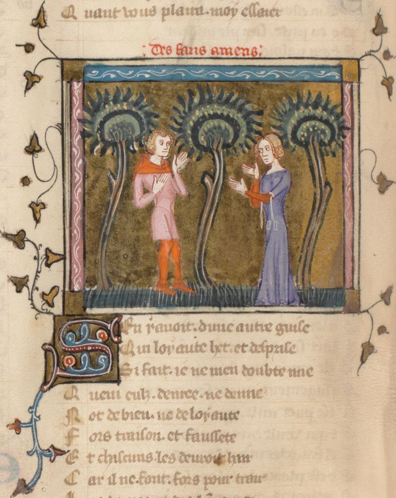 An illustration from Guillaume de Machaut, Oeuvres, 1371, leaf 102